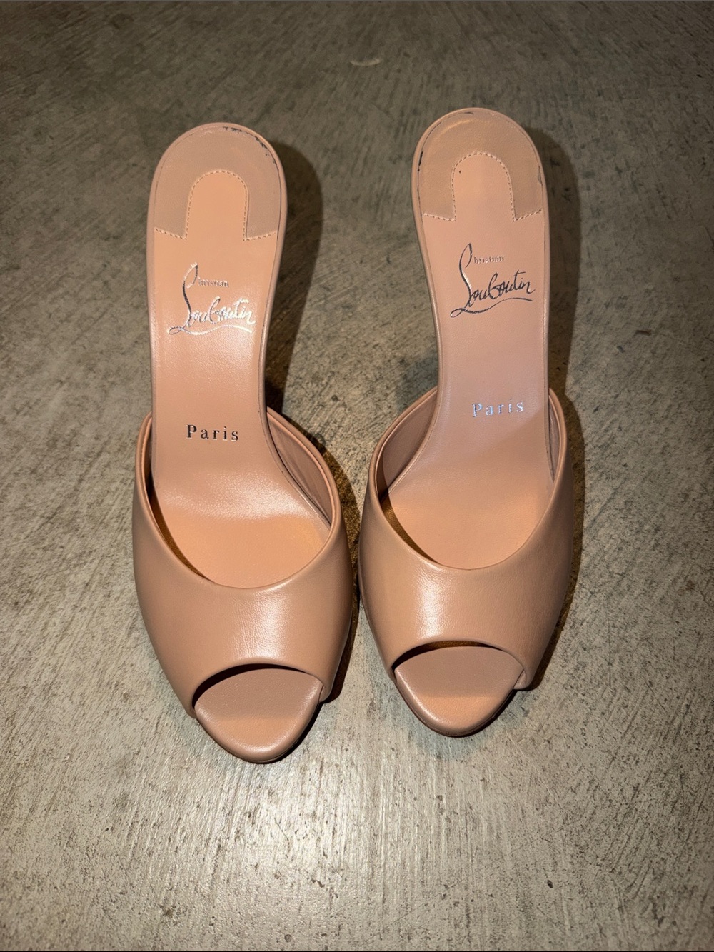 Christian Louboutin Nude Peep-Toe Slide Heels